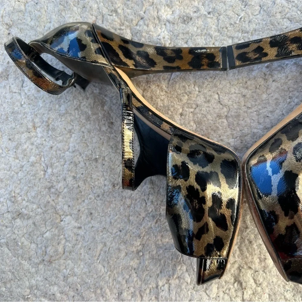 Via Spiga: Metallic Leopard Print Peep Toe D'Orsay Ankle Strap Platform Heels